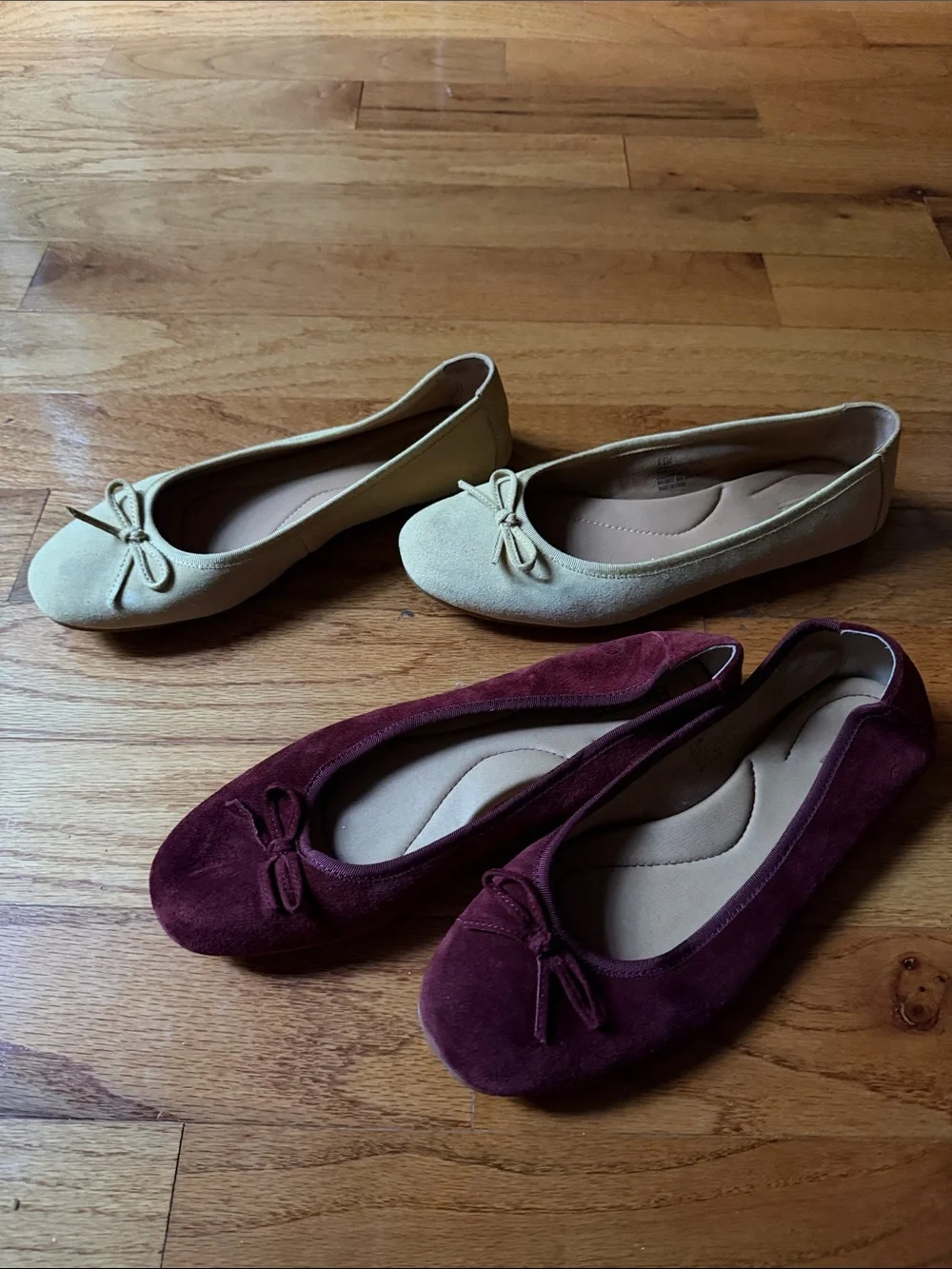 2 Women's Suede Ballet Flats in Burgundy and Beige